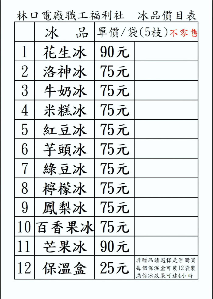 林口電廠職工福利社冰品價目表