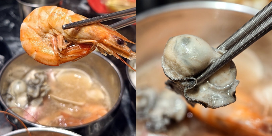 筷子夾起緊實鮮蝦與肥美東石鮮蚵
