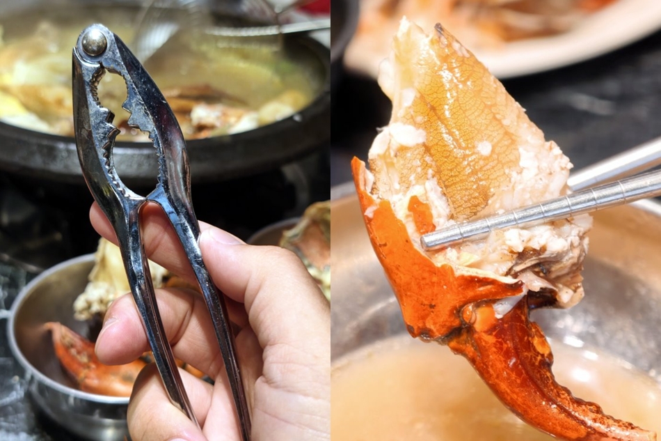 吃蟹專用蟹鉗工具與整塊飽滿蟹腳肉特寫