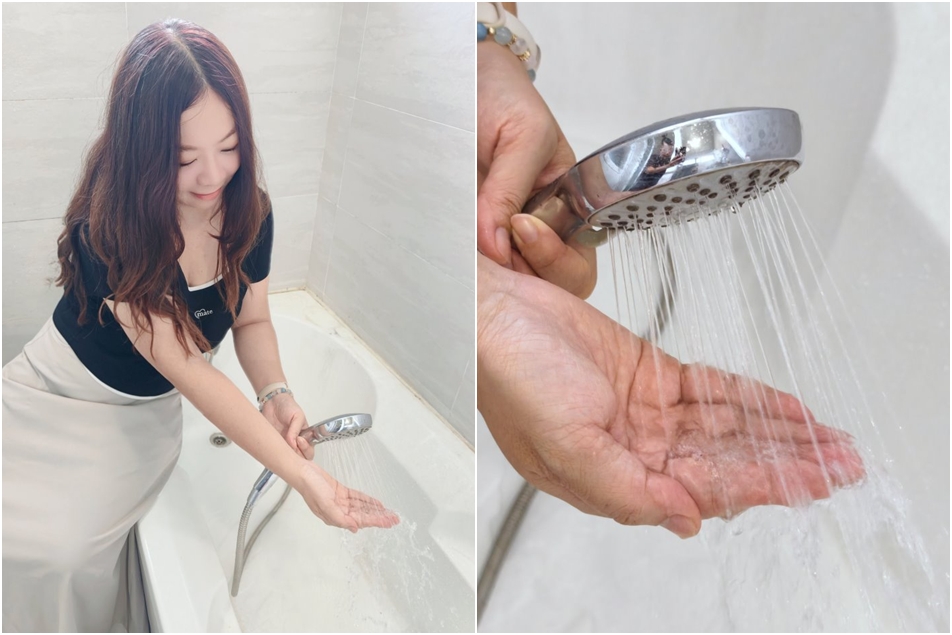 蓮蓬頭出水細緻均勻，防燙水溫混合技術避免關水再開瞬間燙傷