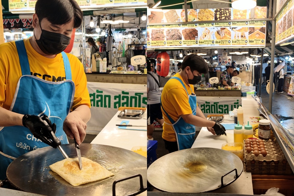 夜市攤販老闆熟練製作現煎泰式香蕉煎餅Roti
