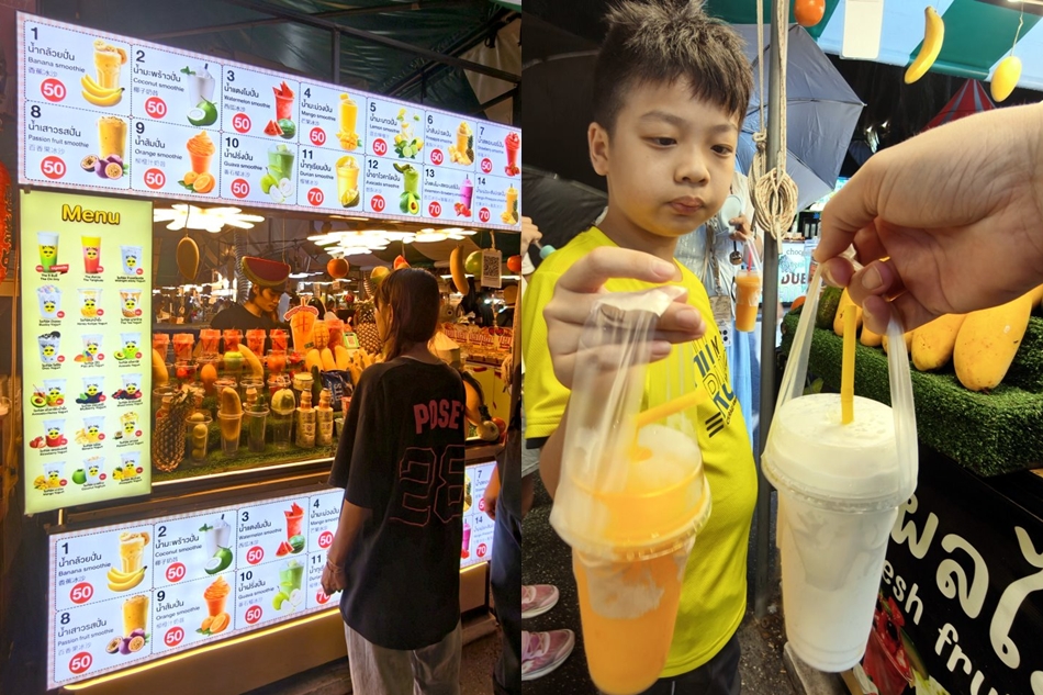 現點現打的芒果冰沙與椰子冰沙附手提塑膠袋