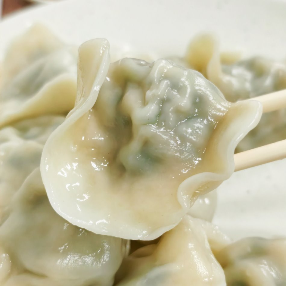 筷子夾起沉甸甸的韭綠豬肉水餃