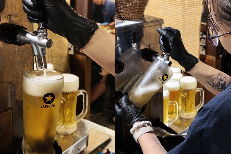 工作人員現拉SAPPORO生啤酒注入冰鎮啤酒杯