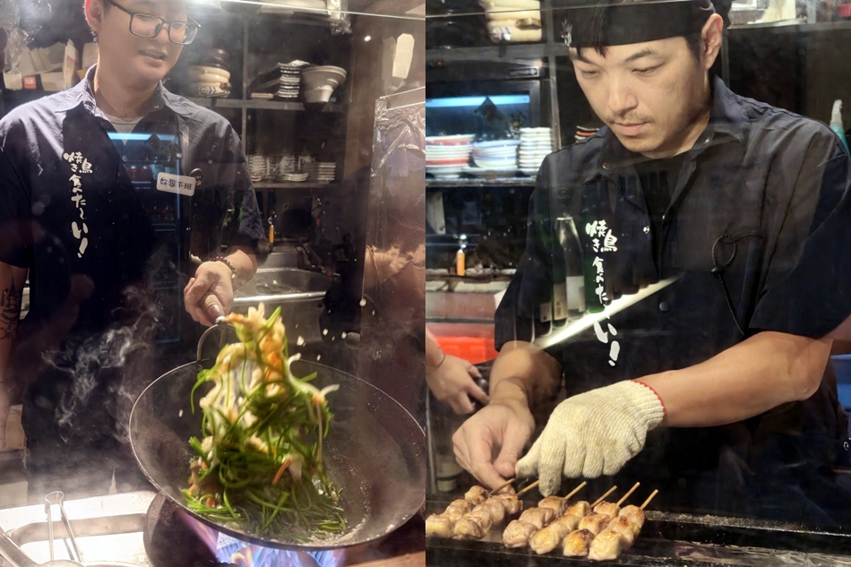 廚房大火快炒熱炒水蓮與炭火翻烤串燒過程