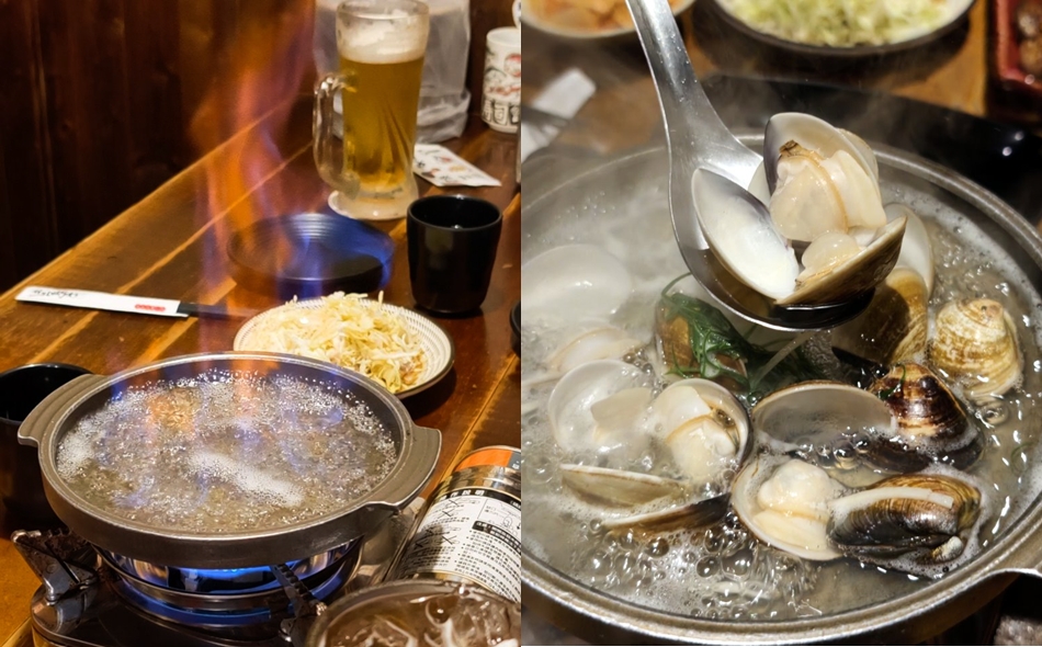 桌邊點火加熱的火燒酒蒸蛤蜊料理過程