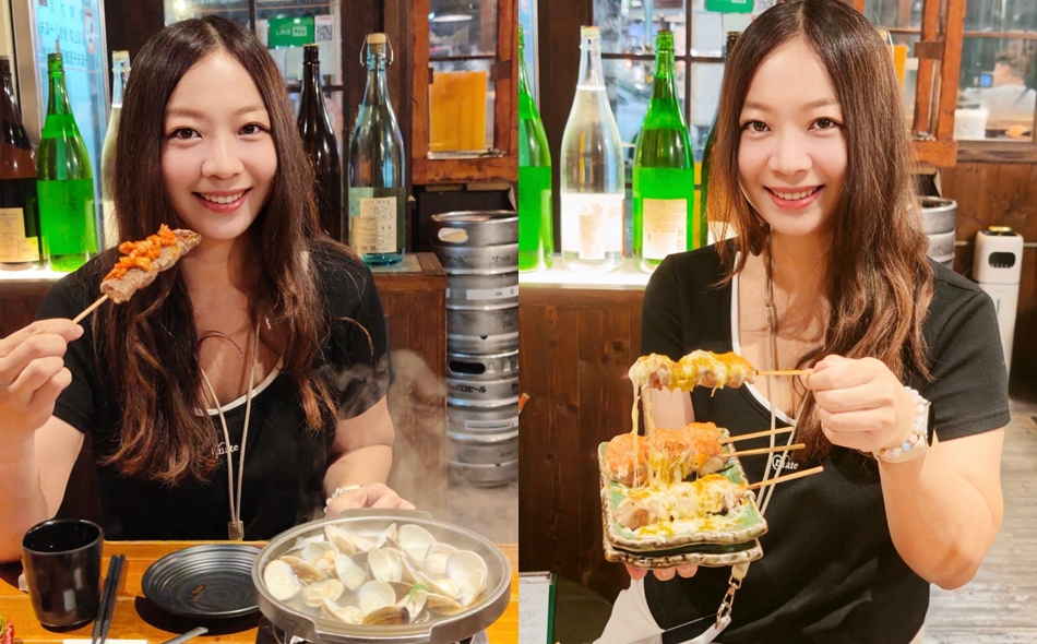 開心享用串燒料理與酒蒸蛤蜊的歡樂用餐氛圍
