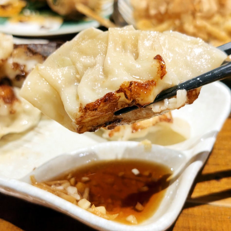 筷子夾起酥脆多汁的鐵鍋煎餃特寫