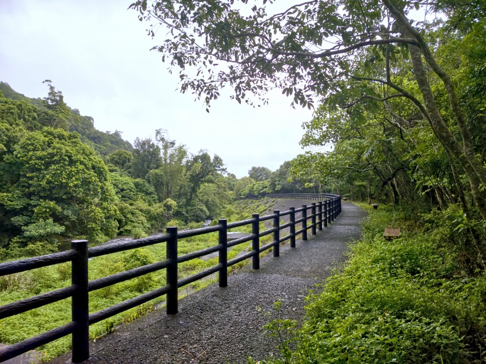 猴洞坑步道旁設有木棧護欄的平坦健走步道