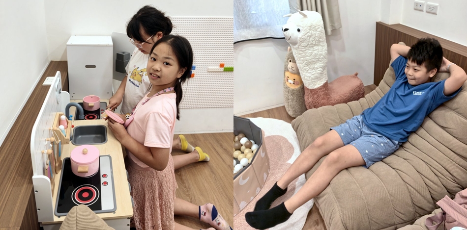 小朋友開心體驗家家酒廚房玩具與舒適沙發放鬆