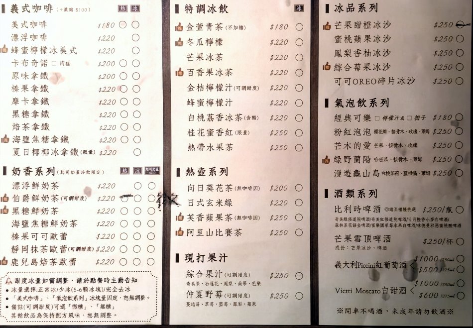 空ㄟ農場飲品菜單包含義式咖啡茶飲現打果汁與酒類