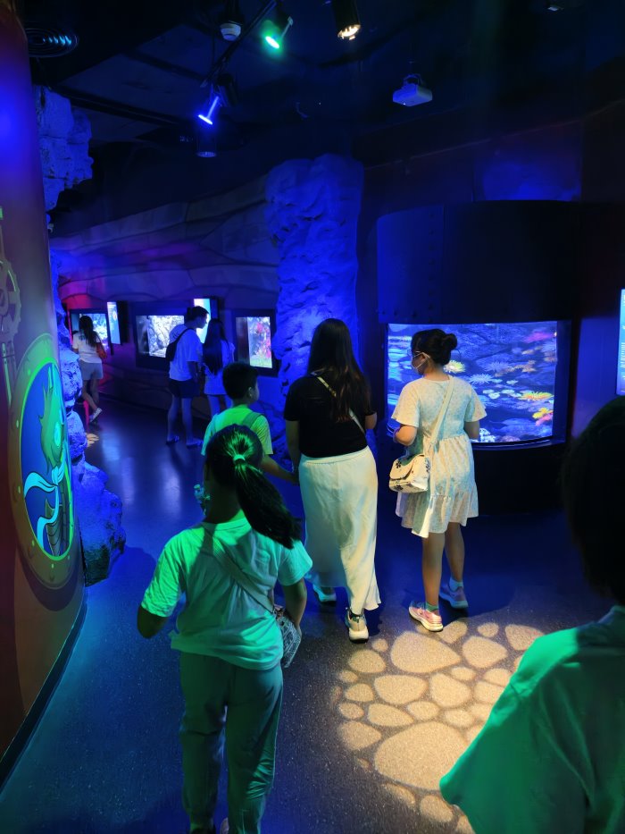 曼谷暹羅海洋世界幽藍神秘的海底岩洞步道與熱帶魚生態展示窗