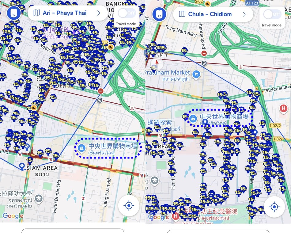 曼谷水門市場與Central World周邊密集站點與分區界線