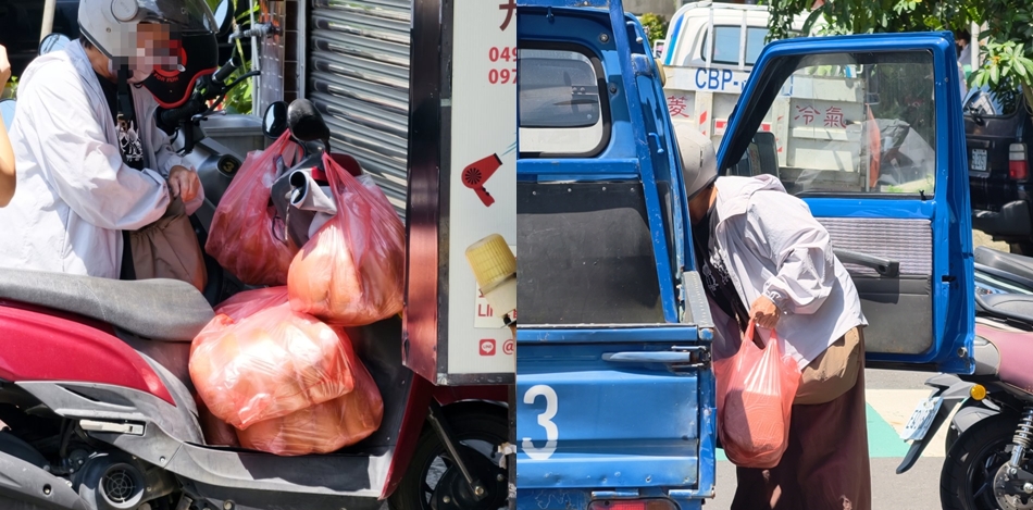 機車踏板塞滿大城黑糖饅頭以及小貨車前來支援載運的景象
