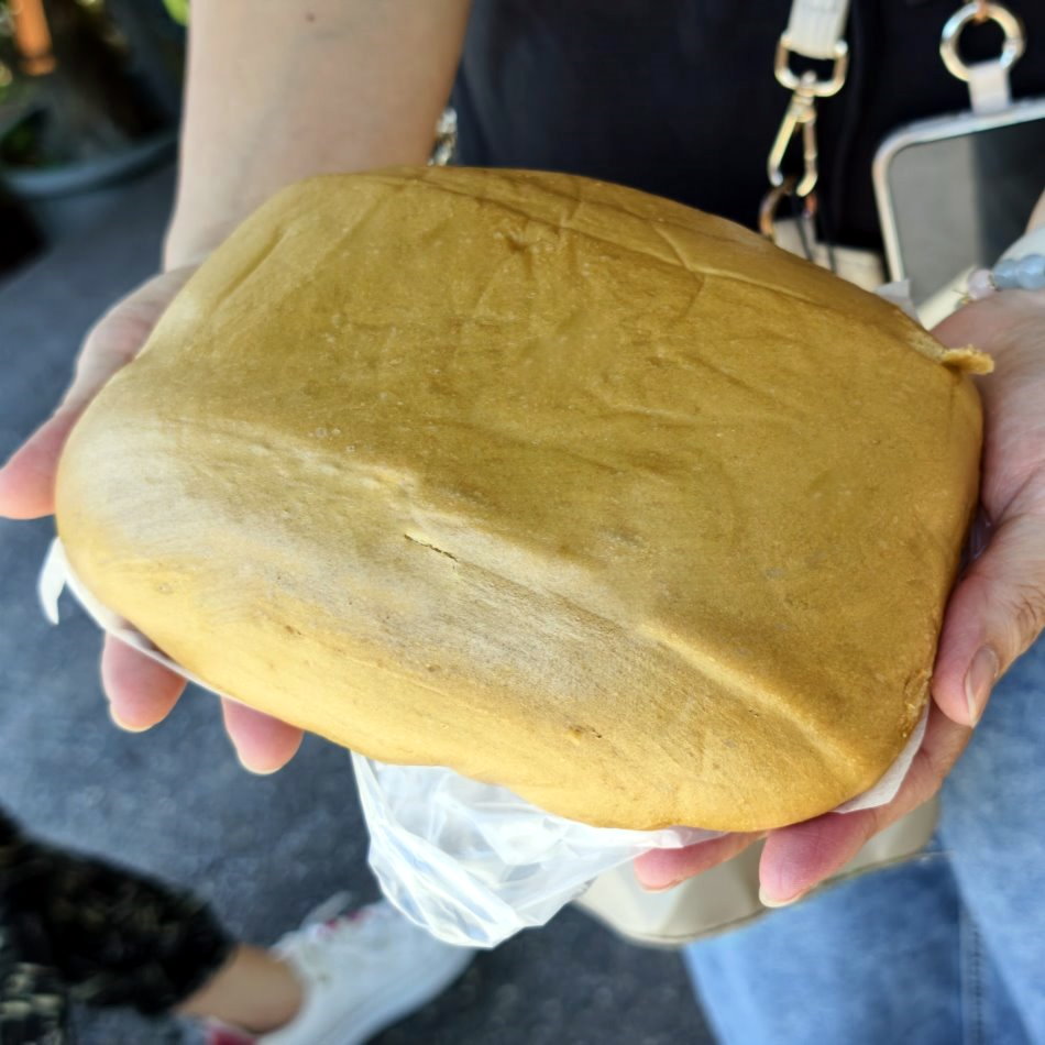 雙手托著巨大黑糖饅頭特寫，呈現金黃光滑且有彈性的外皮