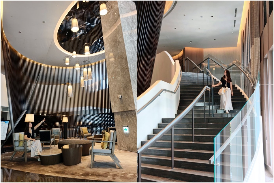 飯店內具設計感的迴旋樓梯與木質格柵拍照打卡點