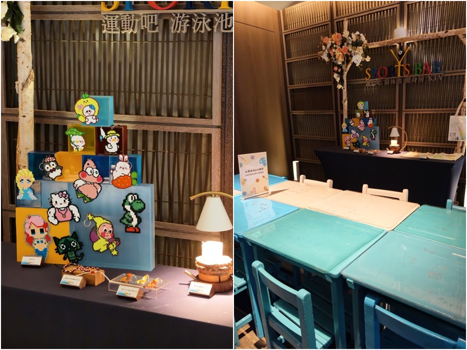 館內DIY體驗教室配備粉藍色小課桌椅與手作拼豆作品