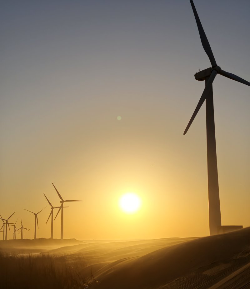 長焦鏡頭下的金色狂沙波浪與草漯沙丘風力發電機
