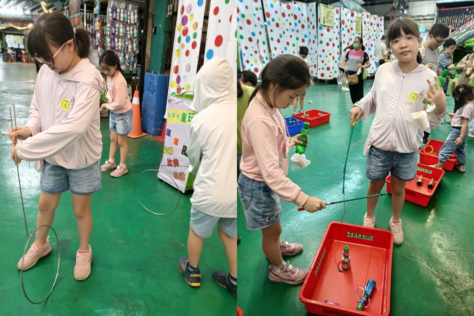 小朋友體驗傳統童玩滾鐵圈與釣瓶子遊戲