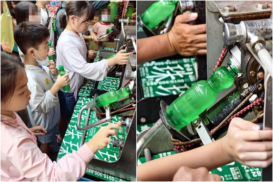 大小朋友親自操作拉桿充填機灌裝彈珠汽水