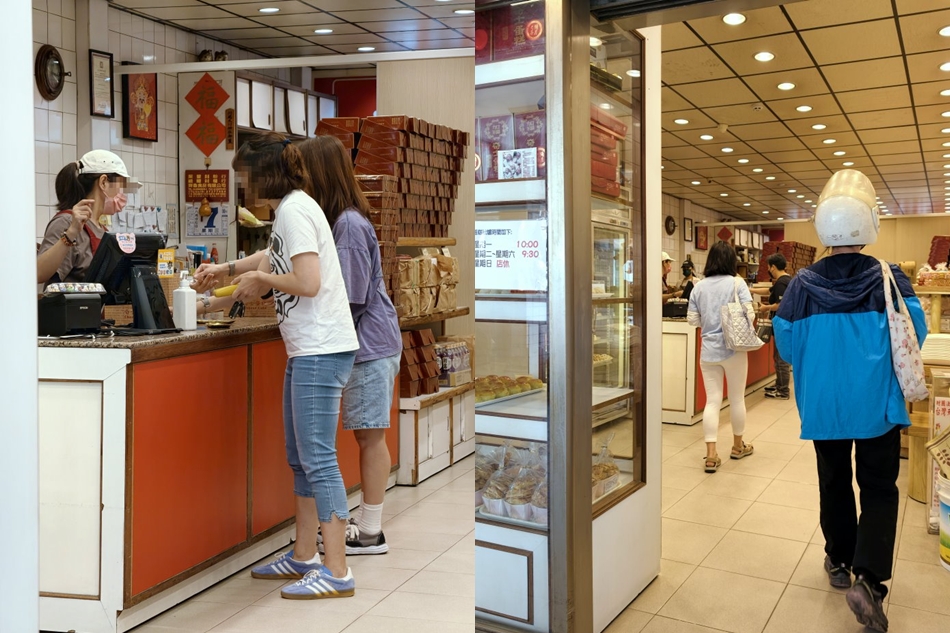 加福奇士蛋糕專門店內購買人潮與櫃檯旁堆疊的蛋糕禮盒